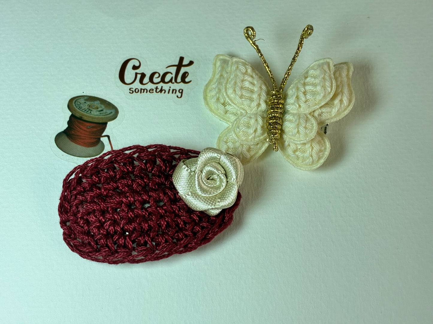 Rosewine – Handmade Crochet Hair Clip & Butterfly Brooch Combo for Girls & Kids | Maroon Rose Snap Clip & Cream Butterfly Pin