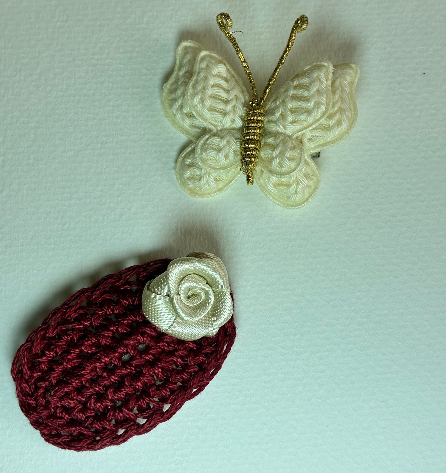 Rosewine – Handmade Crochet Hair Clip & Butterfly Brooch Combo for Girls & Kids | Maroon Rose Snap Clip & Cream Butterfly Pin