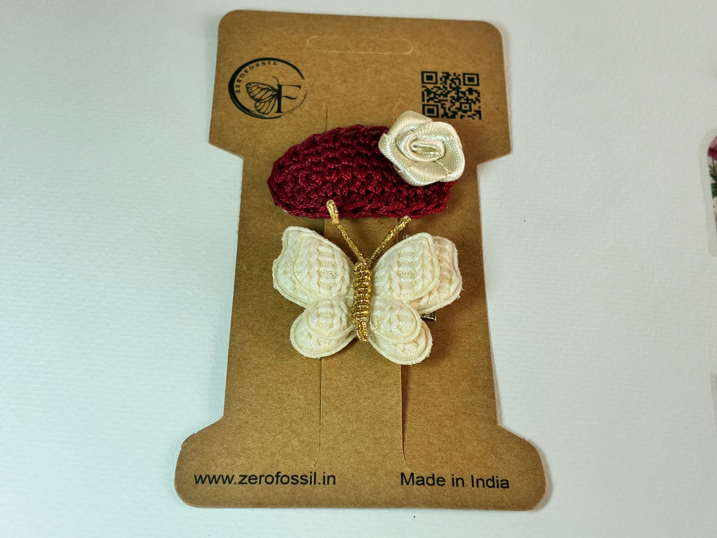 Rosewine – Handmade Crochet Hair Clip & Butterfly Brooch Combo for Girls & Kids | Maroon Rose Snap Clip & Cream Butterfly Pin