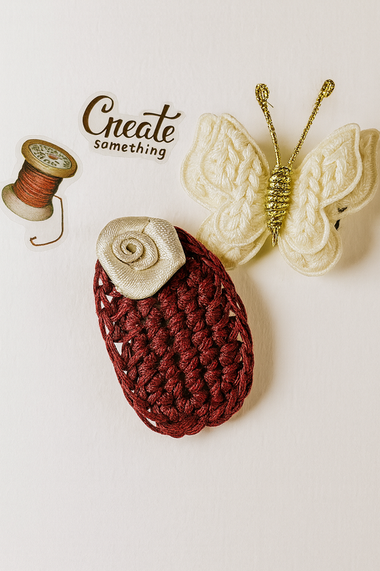 Rosewine – Handmade Crochet Hair Clip & Butterfly Brooch Combo for Girls & Kids | Maroon Rose Snap Clip & Cream Butterfly Pin