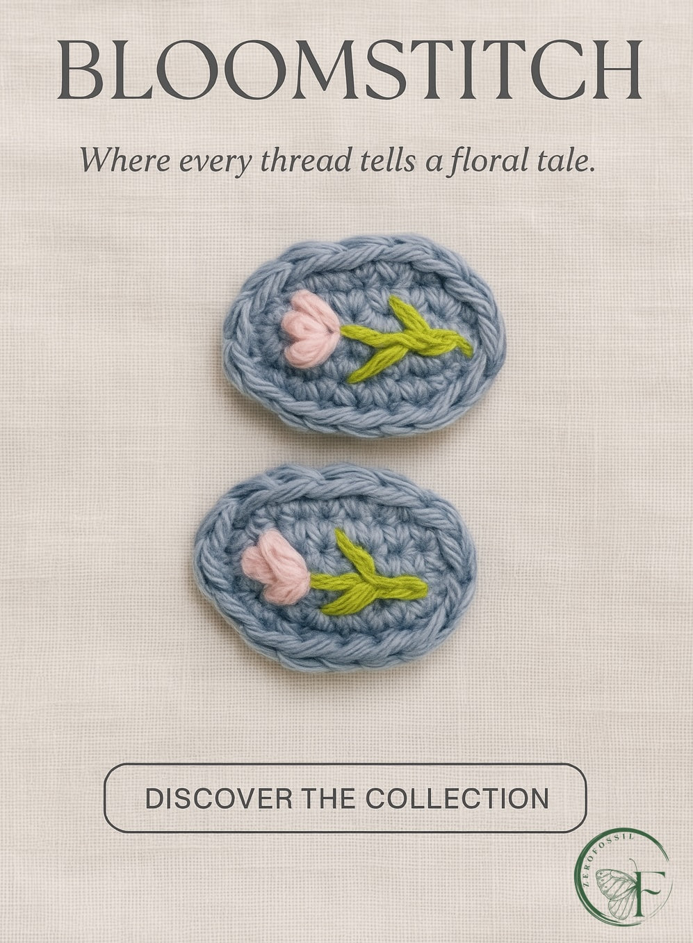Handmade blue crochet hair clips with pink flower embroidery and green stems – Bloomstitch floral accessories for toddlers