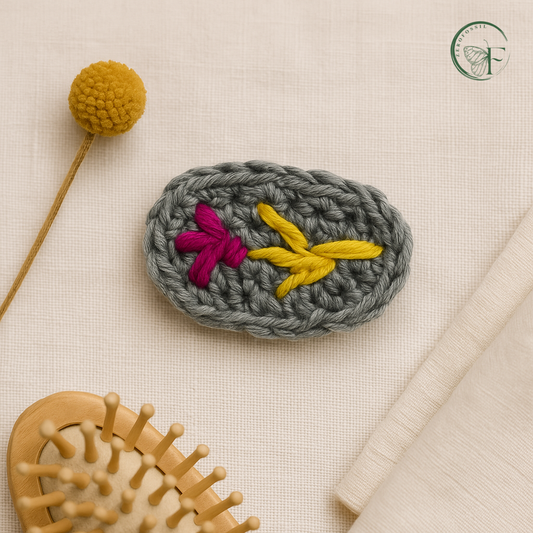 Handmade dark grey crochet hair clips with bright magenta and yellow floral embroidery – Storm Petal barrette set for girls