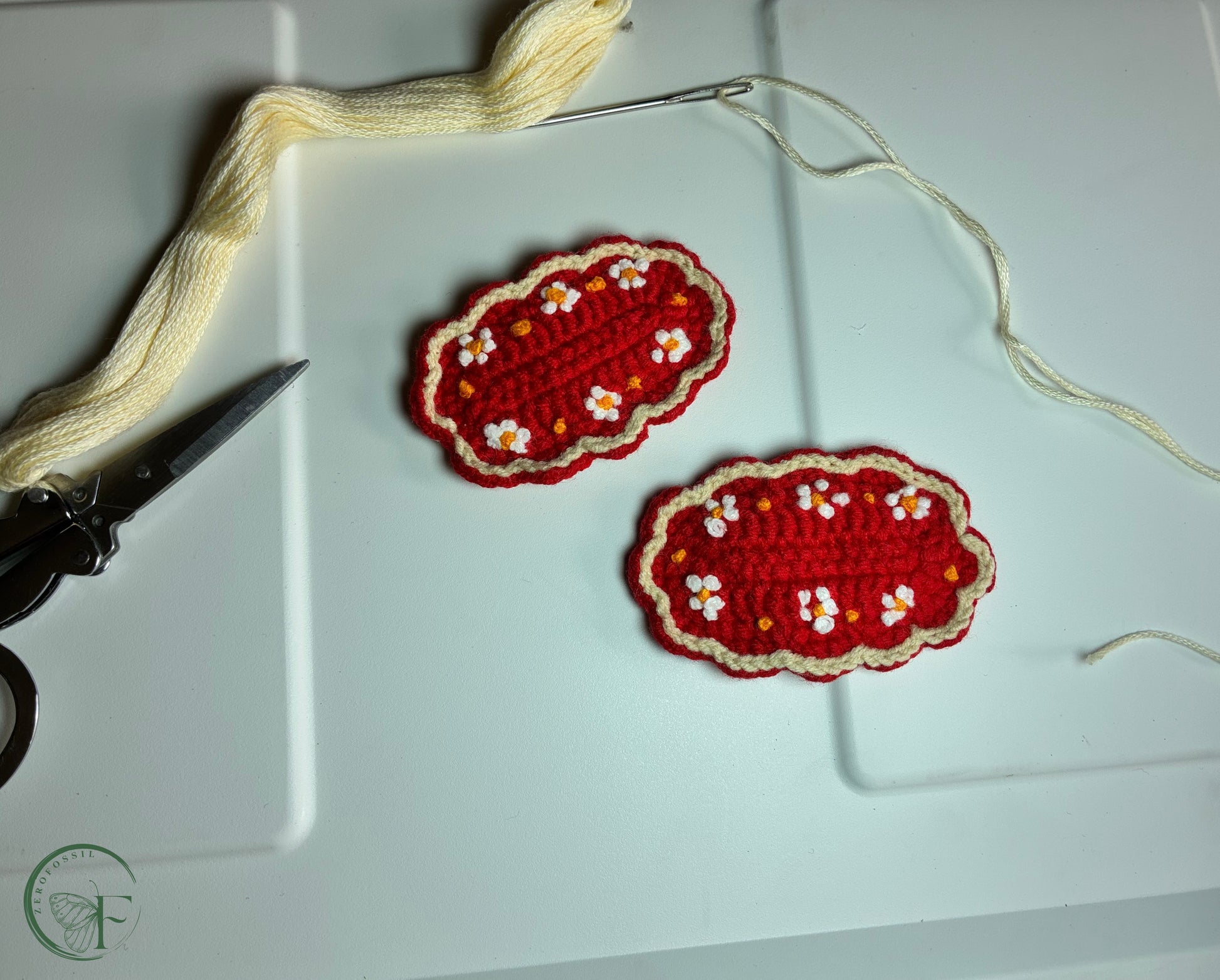 Handmade red crochet hair clips with white and yellow floral embroidery – Red Rosettes barrette set for baby girls