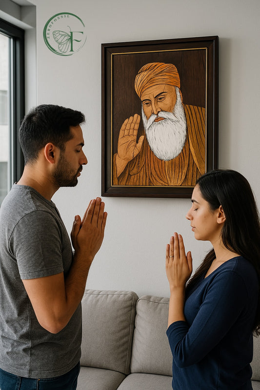 Divine Grace – Handcrafted Rosewood Inlay Painting of Guru Nanak