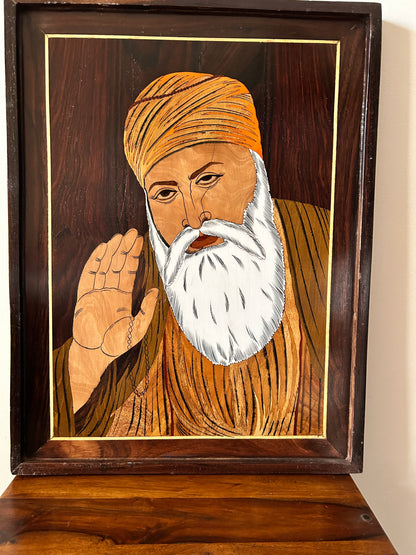 Divine Grace – Handcrafted Rosewood Inlay Painting of Guru Nanak